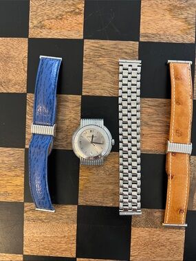 Boucheron Silver Dial Watch with Interchangeable Blue and Tan Straps